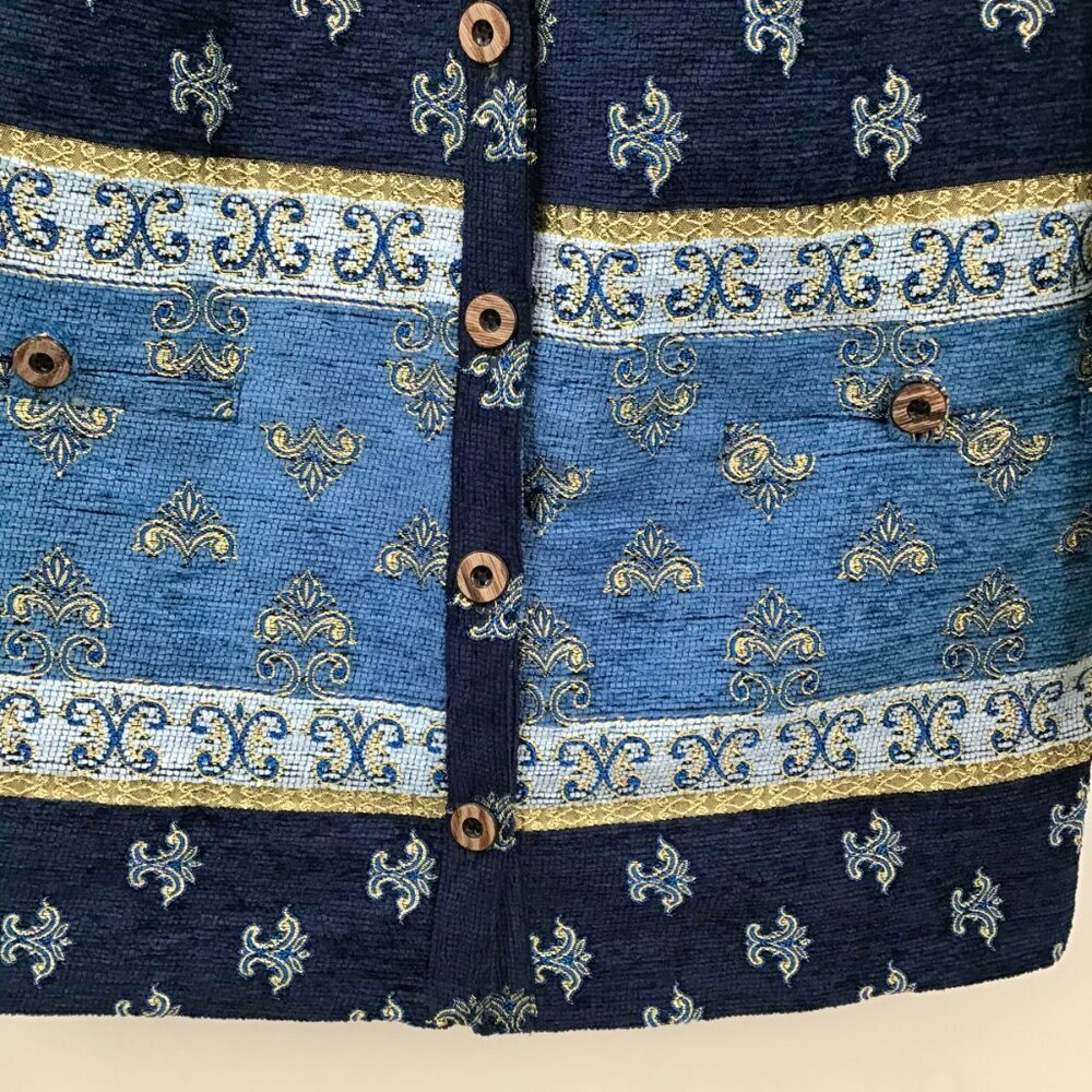 Women's Tapestry Jacket Coat 16W Blue Gold Chenille Brocade Woven Art To Wear - Picture 7 of 10